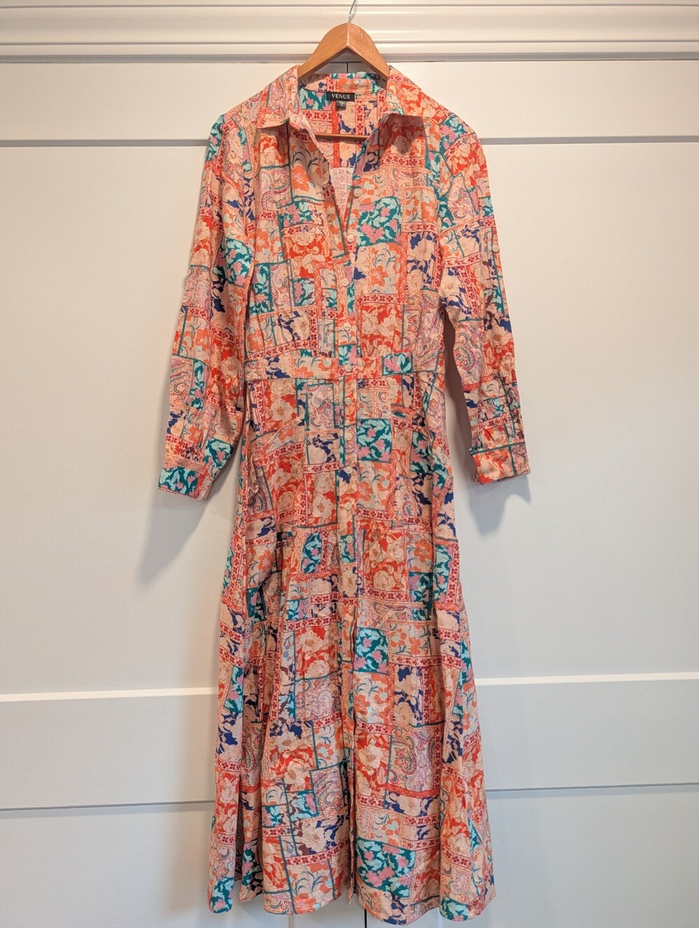 VENUS Women's Coral Floral Patchwork Collared Shirt Dress Linen blend Size 4 - Picture 11 of 11